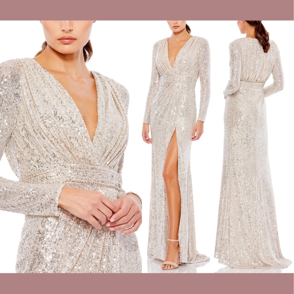 NEW‎ $398 IEENA for Mac Duggal [ 6 ] Sequin Faux Wrap Gown in Silver Nude